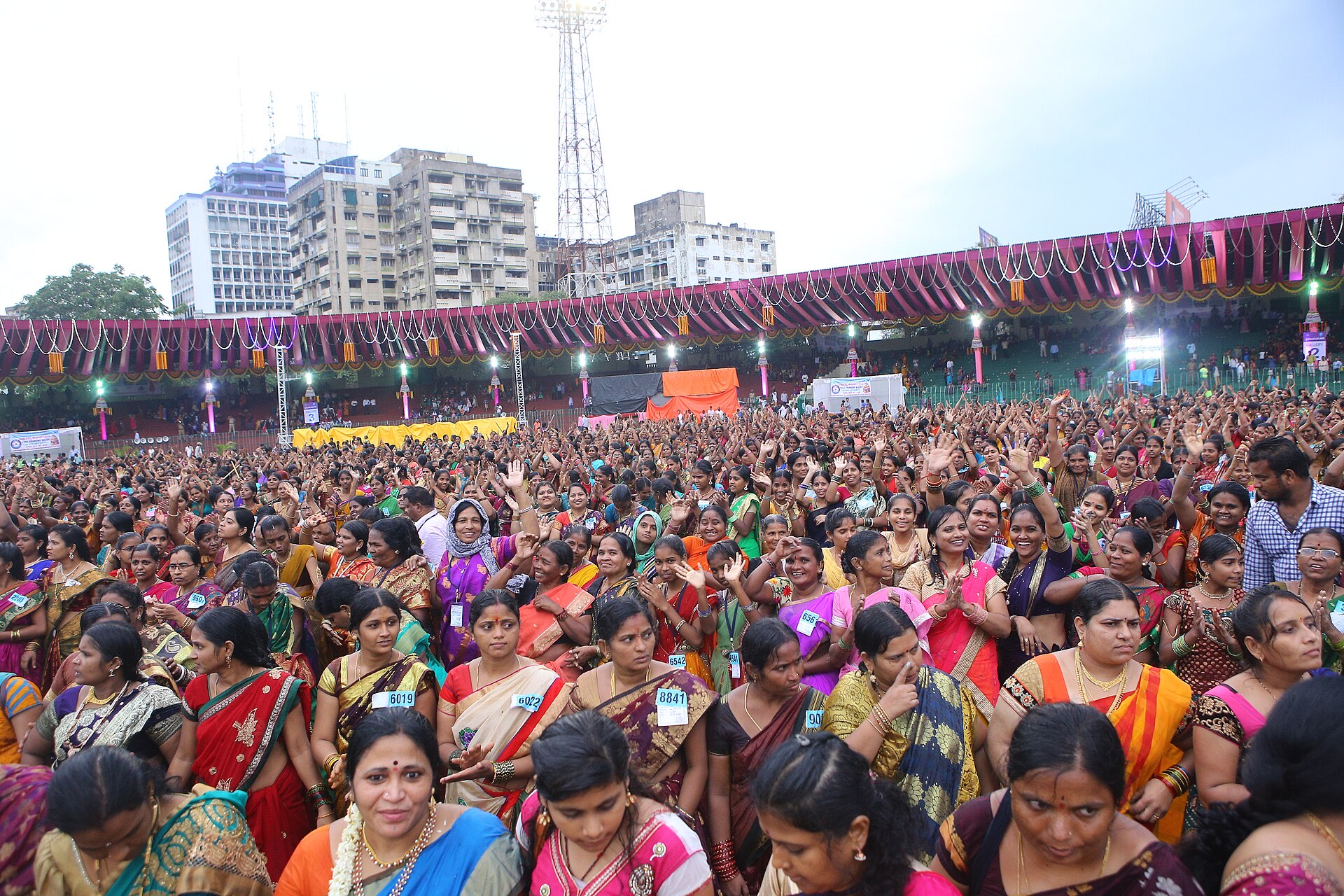 Tens of thousands of women celebrating Maha Bathukamma at LB Stadium, Hyderabad