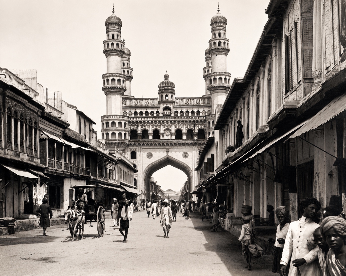 The Charminar and the old city street of Hyderabad in the early twentieth century