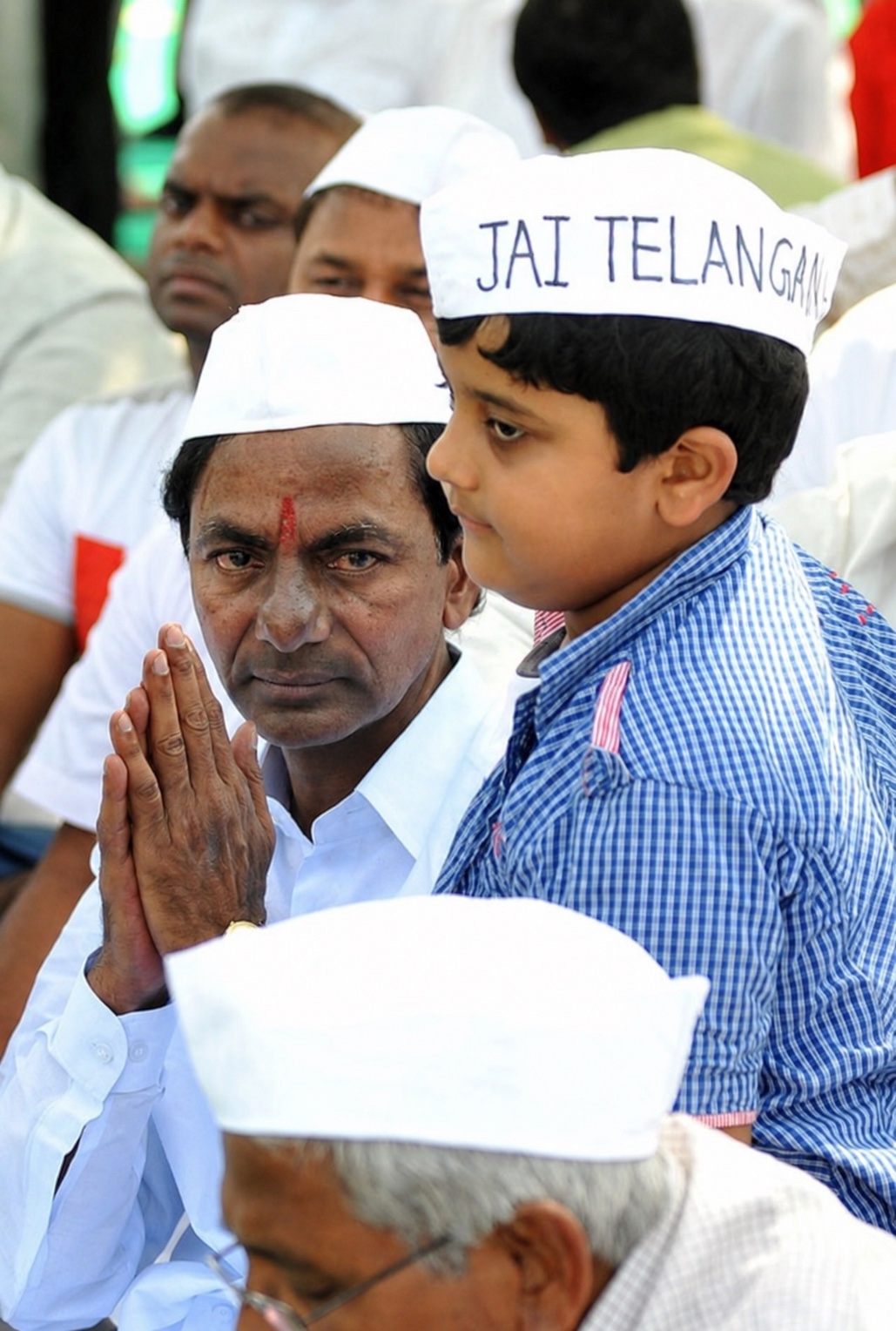 KCR with a child wearing a Jai Telangana cap during the statehood agitation