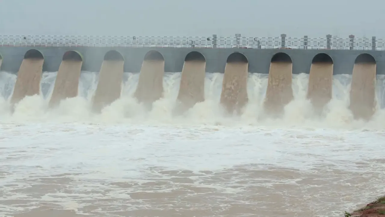 Flood discharge through the gates of a Kaleshwaram barrage on the Godavari