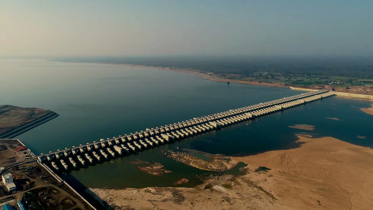 Aerial view of the Medigadda barrage stretching across the full breadth of the Godavari