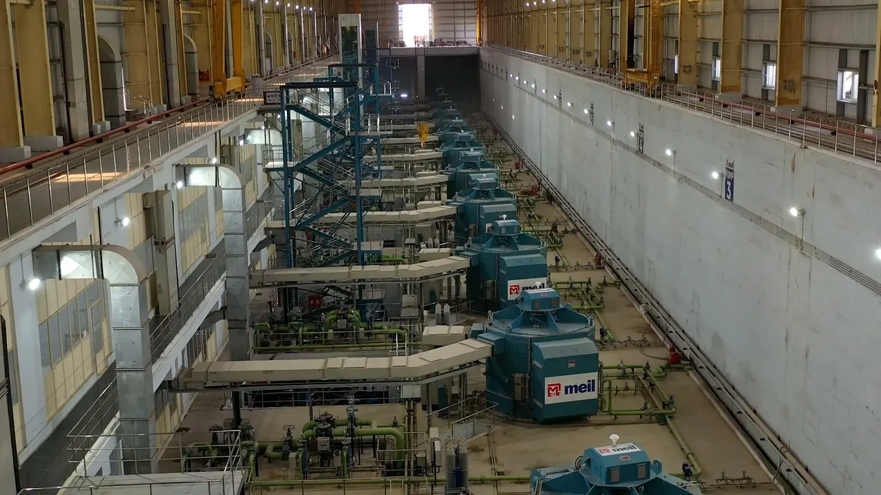 Inside a Kaleshwaram pump house: a long hall of giant pump-motor units
