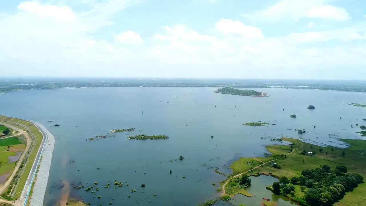 A vast Kaleshwaram reservoir with islands, seen from the air